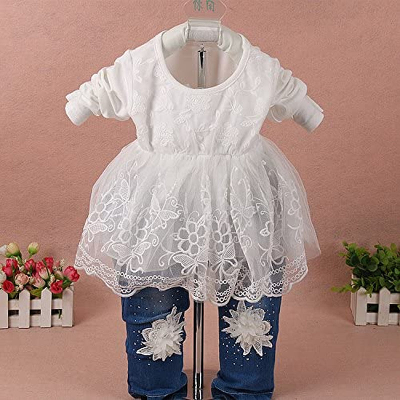 6M-4Y Infant 3Pcs Baby Girls Clothes Set Toddler Casual Outfits Lace Dress Jacket and Jeans