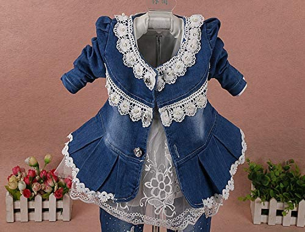 6M-4Y Infant 3Pcs Baby Girls Clothes Set Toddler Casual Outfits Lace Dress Jacket and Jeans