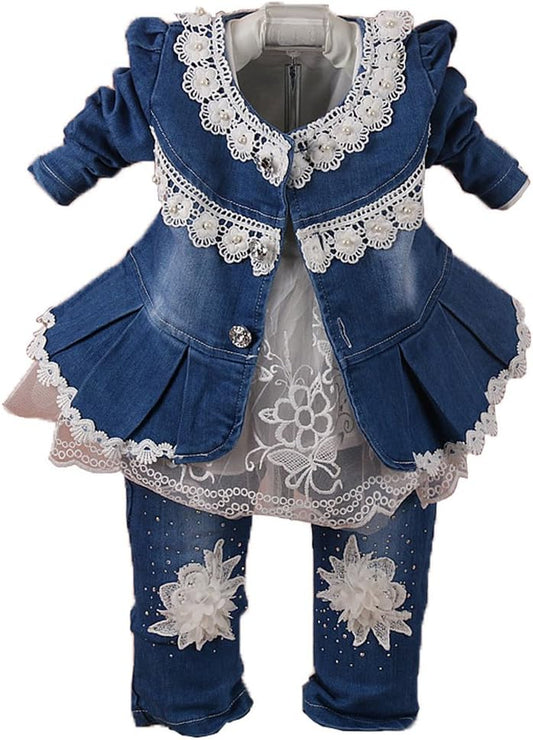 6M-4Y Infant 3Pcs Baby Girls Clothes Set Toddler Casual Outfits Lace Dress Jacket and Jeans